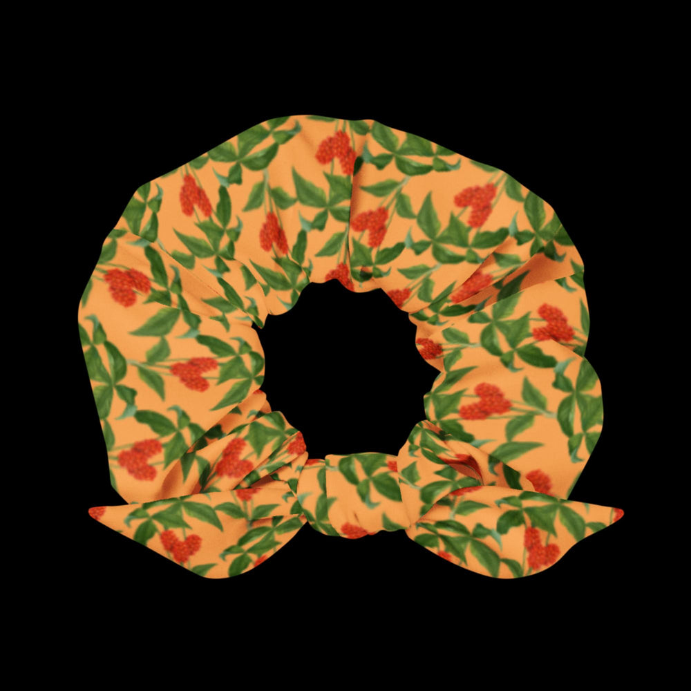 Orange with red flowers and green leaves - Scrunchie