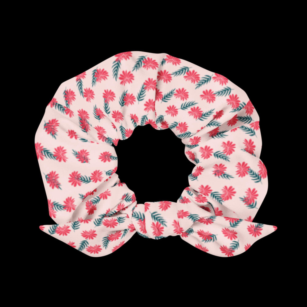 Pink with red flowers and green leaves - Scrunchie