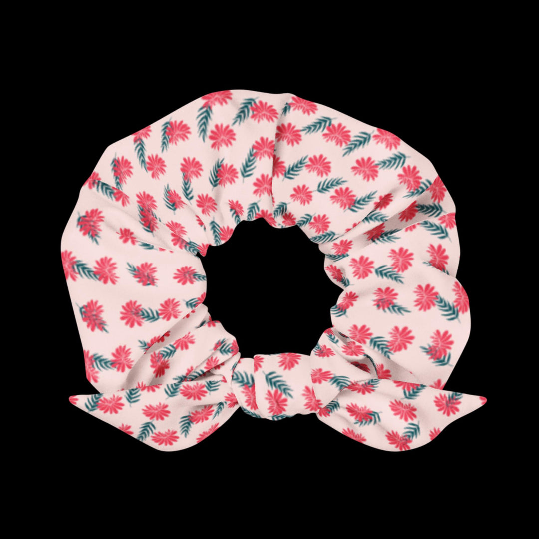 Pink with red flowers and green leaves - Scrunchie