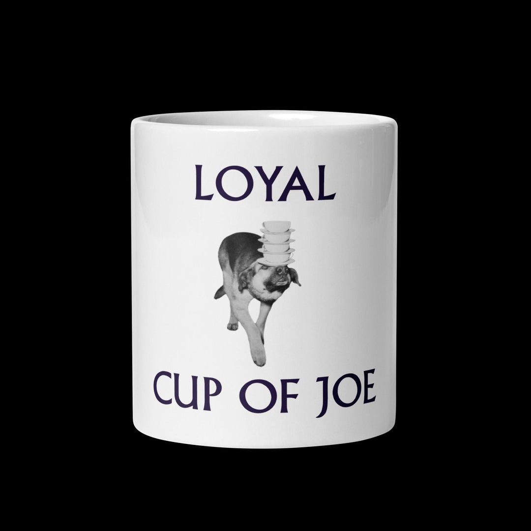 Loyal Cup of Joe Mug featuring a playful dog illustration on a white glossy ceramic design.