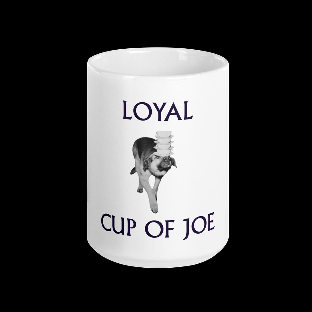 Loyal Cup of Joe Mug featuring a playful dog design on a white glossy ceramic surface.
