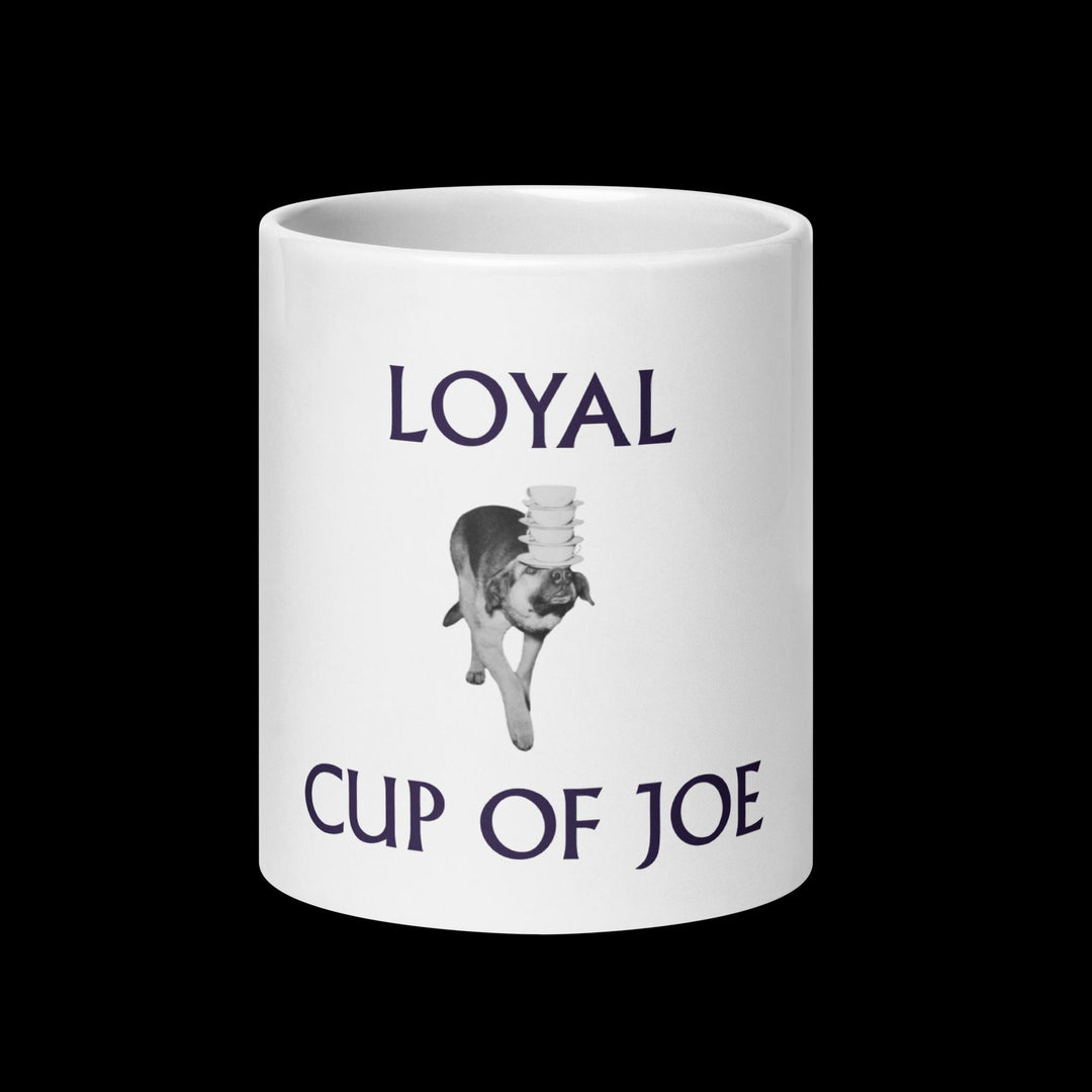 Loyal Cup of Joe Mug featuring a playful dog design on a glossy white ceramic mug.